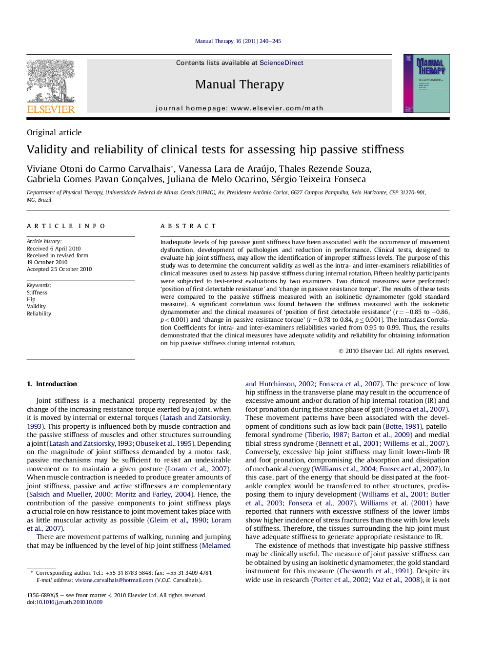 Validity and reliability of clinical tests for assessing hip passive stiffness