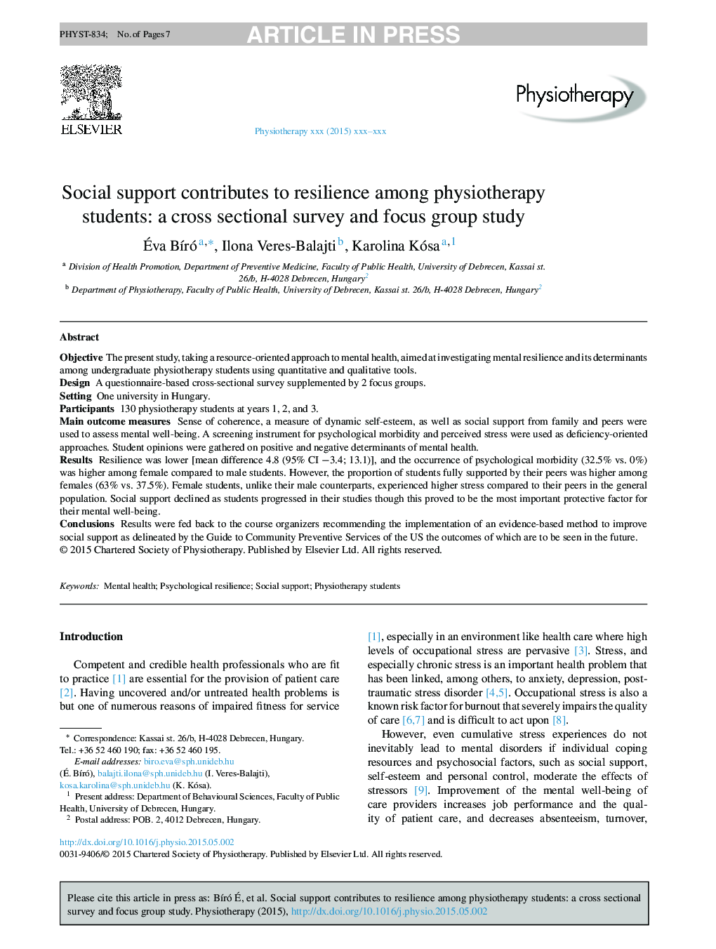 Social support contributes to resilience among physiotherapy students: a cross sectional survey and focus group study