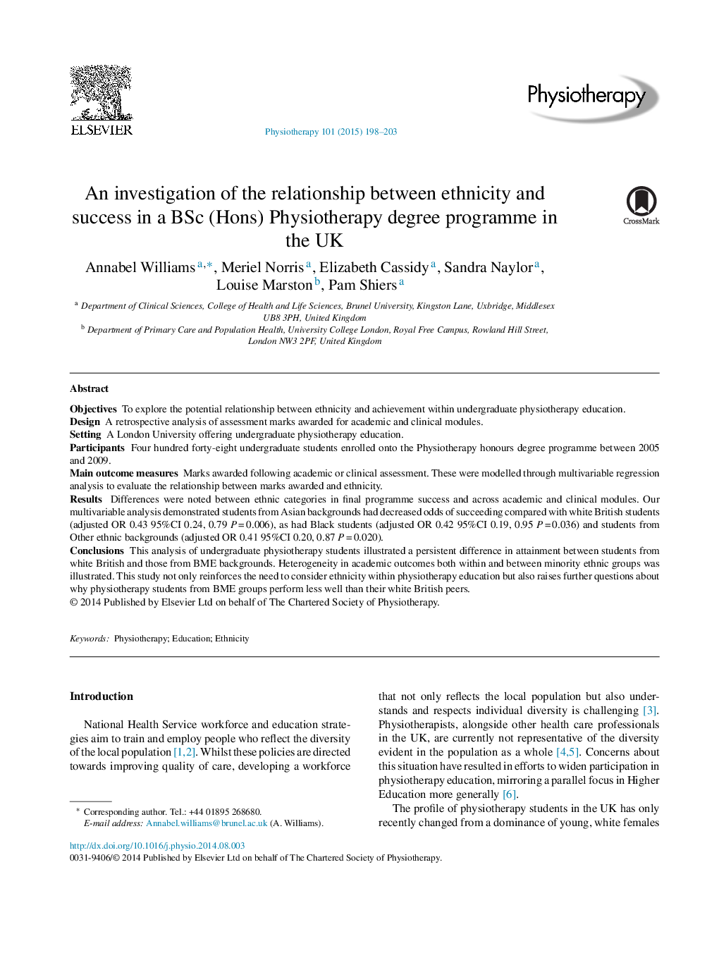 An investigation of the relationship between ethnicity and success in a BSc (Hons) Physiotherapy degree programme in the UK