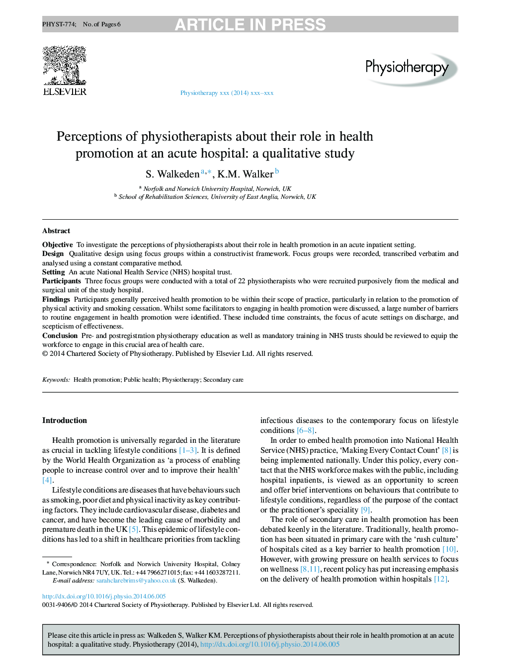 Perceptions of physiotherapists about their role in health promotion at an acute hospital: a qualitative study