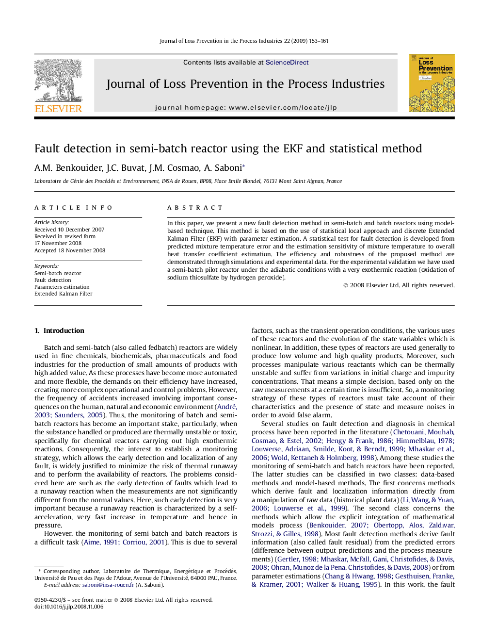 Fault detection in semi-batch reactor using the EKF and statistical method