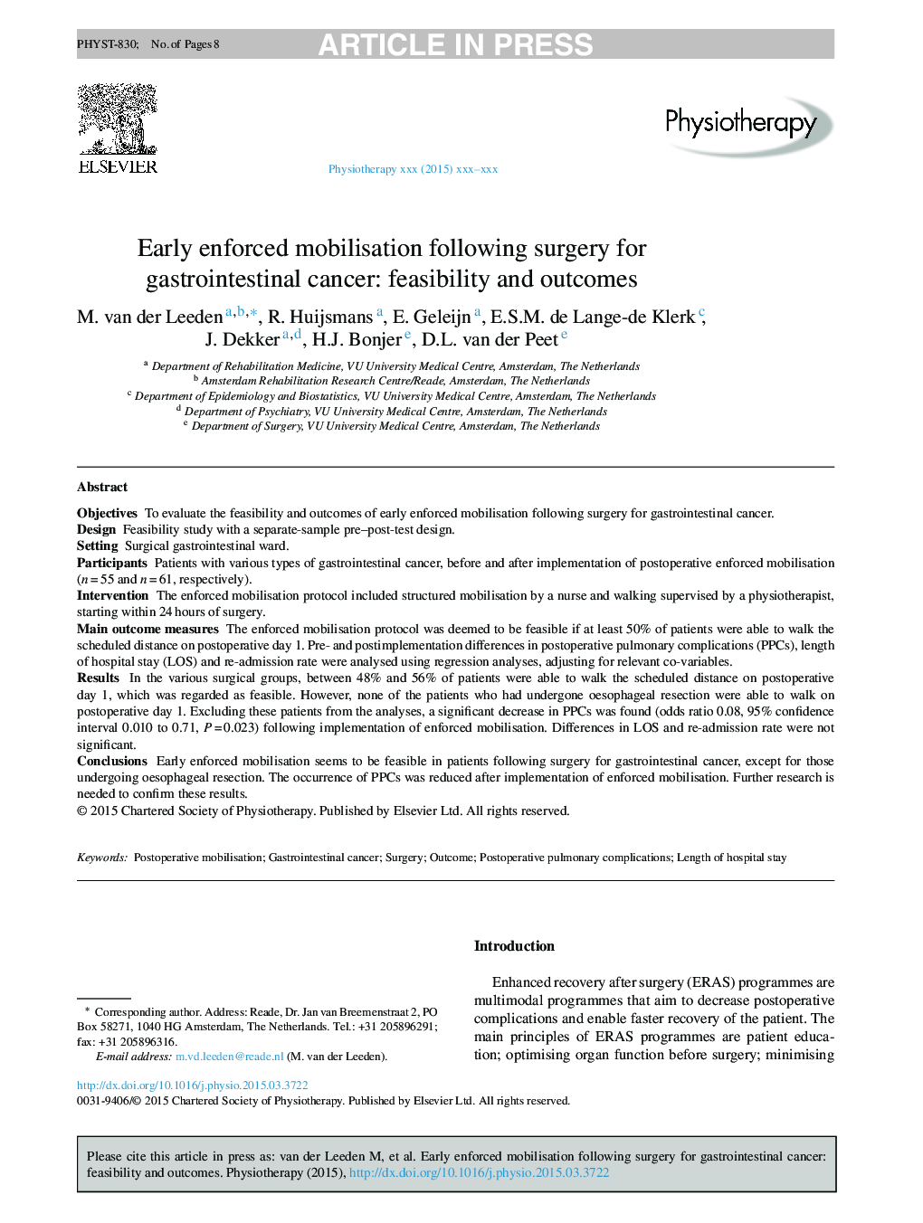 Early enforced mobilisation following surgery for gastrointestinal cancer: feasibility and outcomes