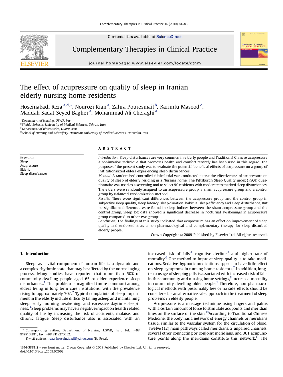 The effect of acupressure on quality of sleep in Iranian elderly nursing home residents