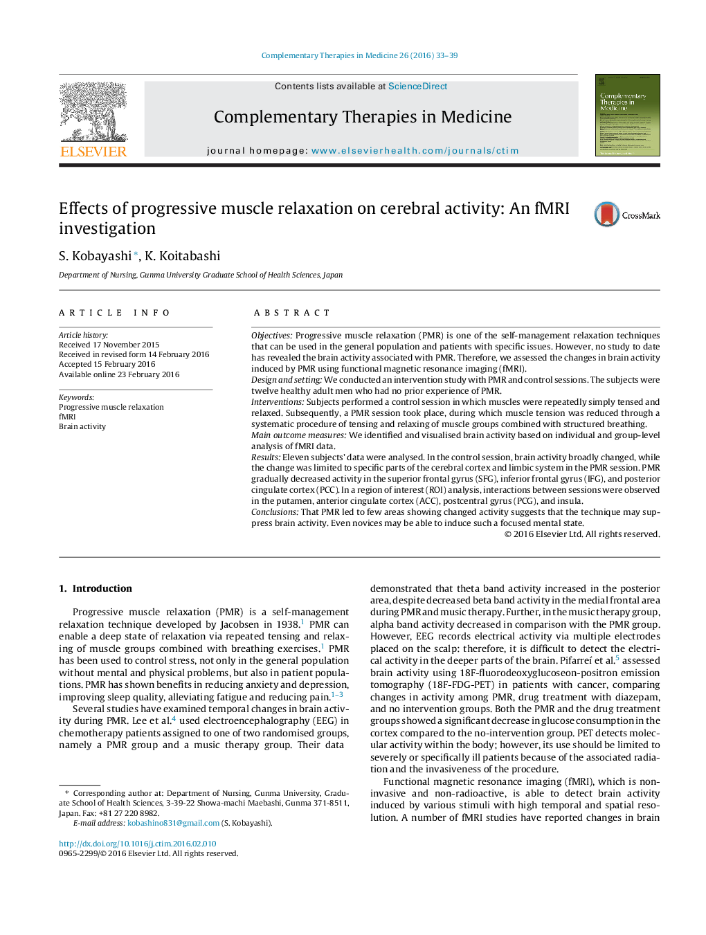 Effects of progressive muscle relaxation on cerebral activity: An fMRI investigation