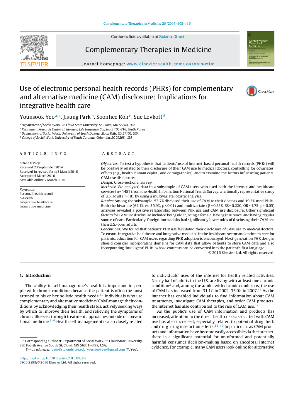 Use of electronic personal health records (PHRs) for complementary and alternative medicine (CAM) disclosure: Implications for integrative health care