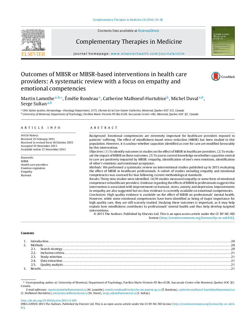 Outcomes of MBSR or MBSR-based interventions in health care providers: A systematic review with a focus on empathy and emotional competencies