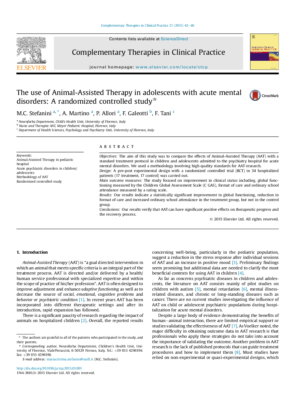 The use of Animal-Assisted Therapy in adolescents with acute mental disorders: A randomized controlled study