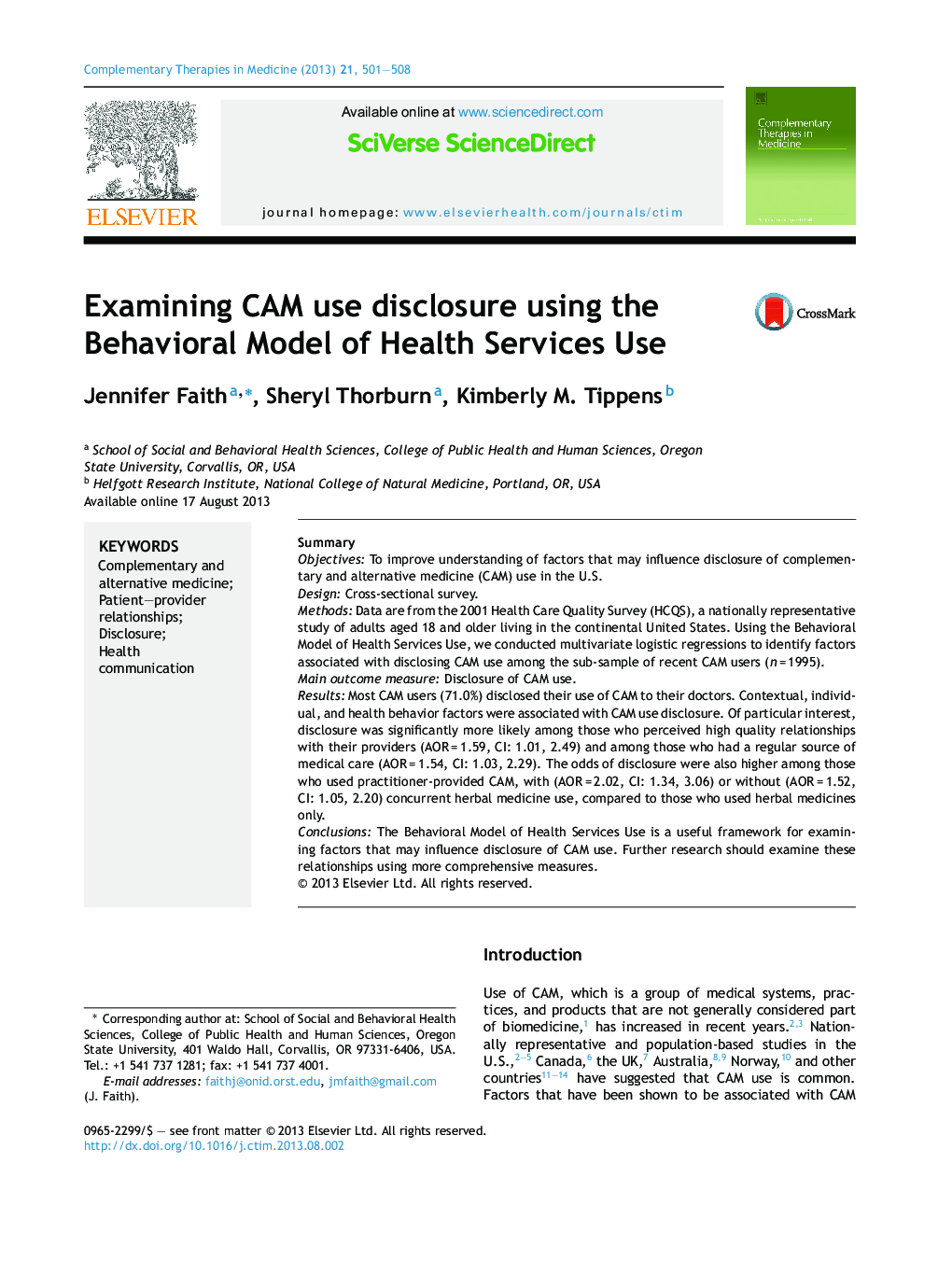 عکس صفحه اول مقاله: Examining CAM use disclosure using the Behavioral Model of Health Services Use Examining CAM use disclosure using the Behavioral Model of Health Services Use