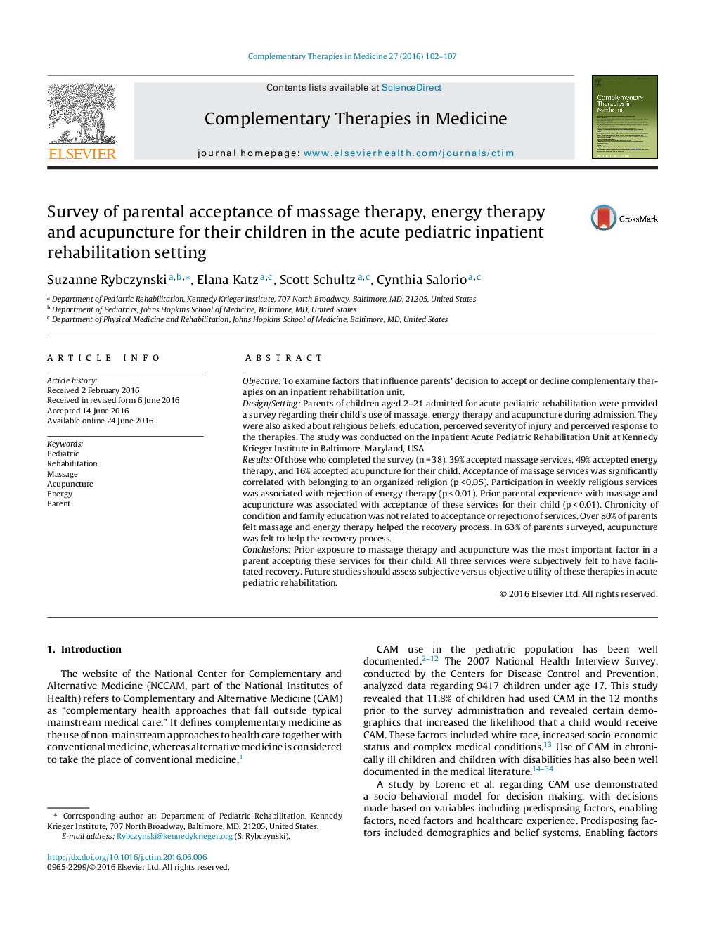 Survey of parental acceptance of massage therapy, energy therapy and acupuncture for their children in the acute pediatric inpatient rehabilitation setting