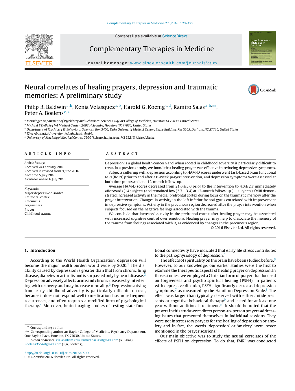 Neural correlates of healing prayers, depression and traumatic memories: A preliminary study