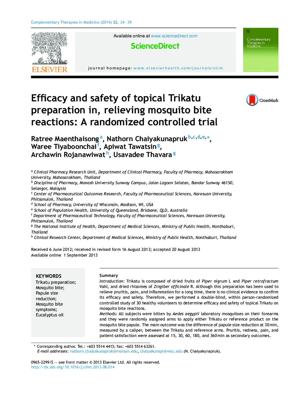 Efficacy and safety of topical Trikatu preparation in, relieving mosquito bite reactions: A randomized controlled trial