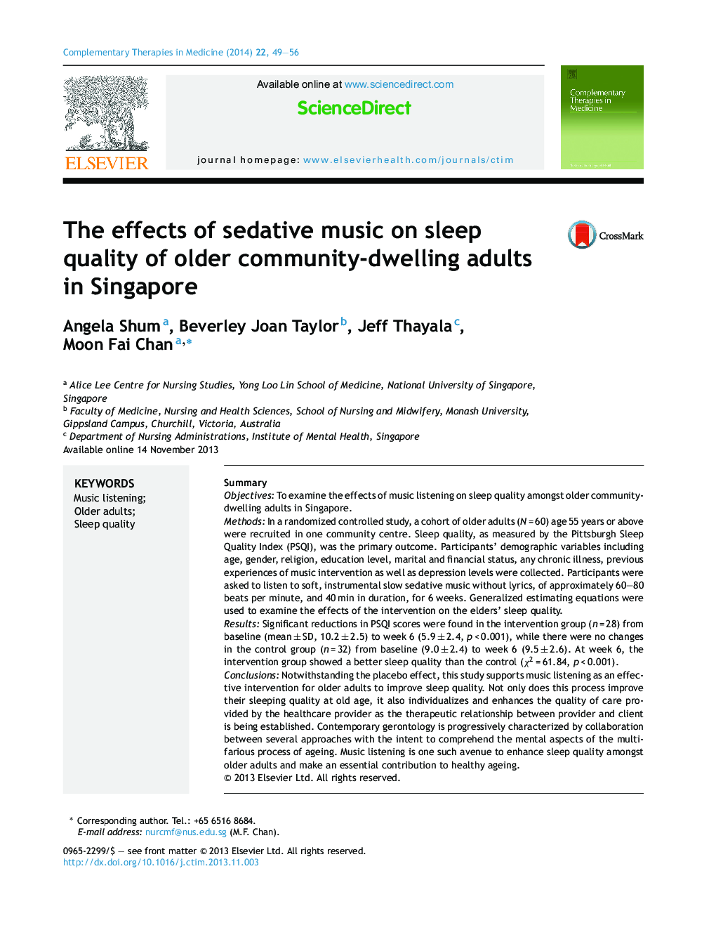 The effects of sedative music on sleep quality of older community-dwelling adults in Singapore