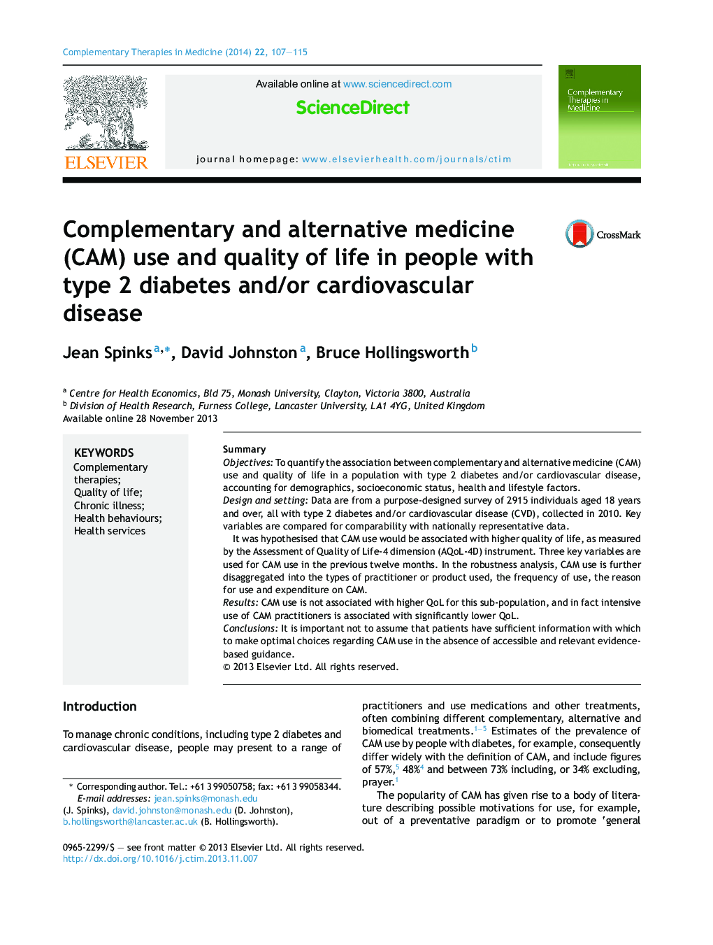 Complementary and alternative medicine (CAM) use and quality of life in people with type 2 diabetes and/or cardiovascular disease