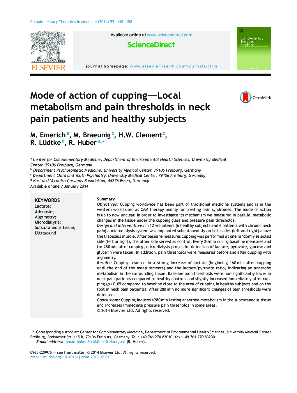 Mode of action of cupping-Local metabolism and pain thresholds in neck pain patients and healthy subjects