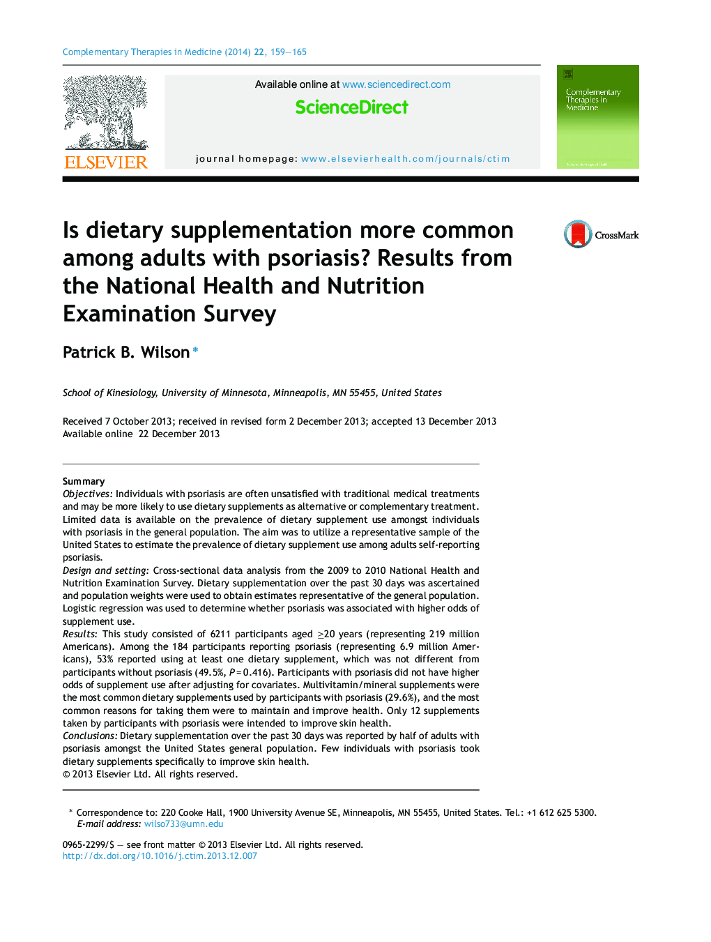 Is dietary supplementation more common among adults with psoriasis? Results from the National Health and Nutrition Examination Survey