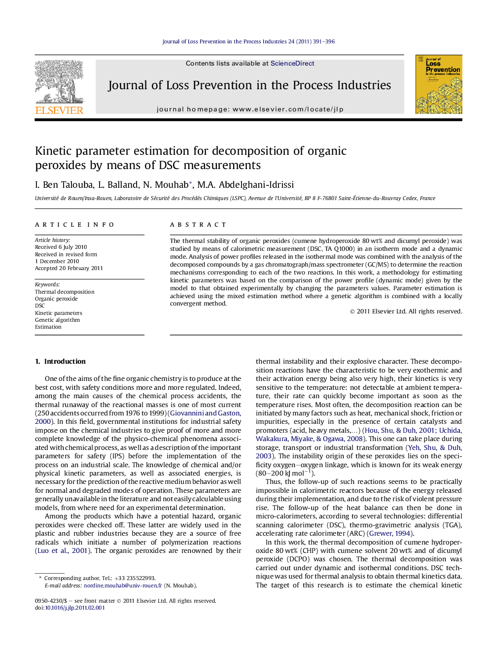 Kinetic parameter estimation for decomposition of organic peroxides by means of DSC measurements