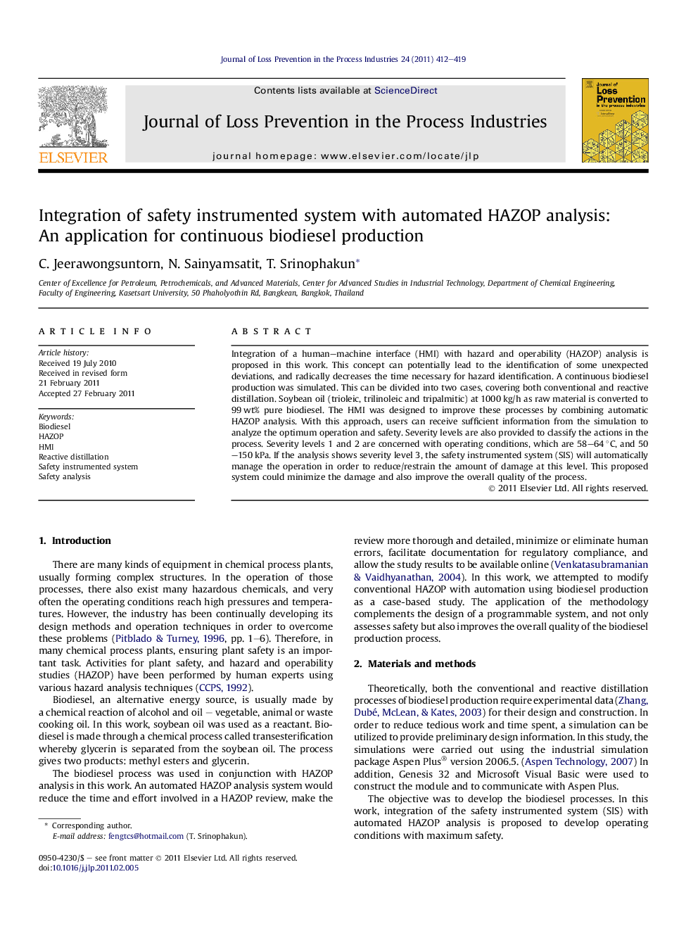 Integration of safety instrumented system with automated HAZOP analysis: An application for continuous biodiesel production