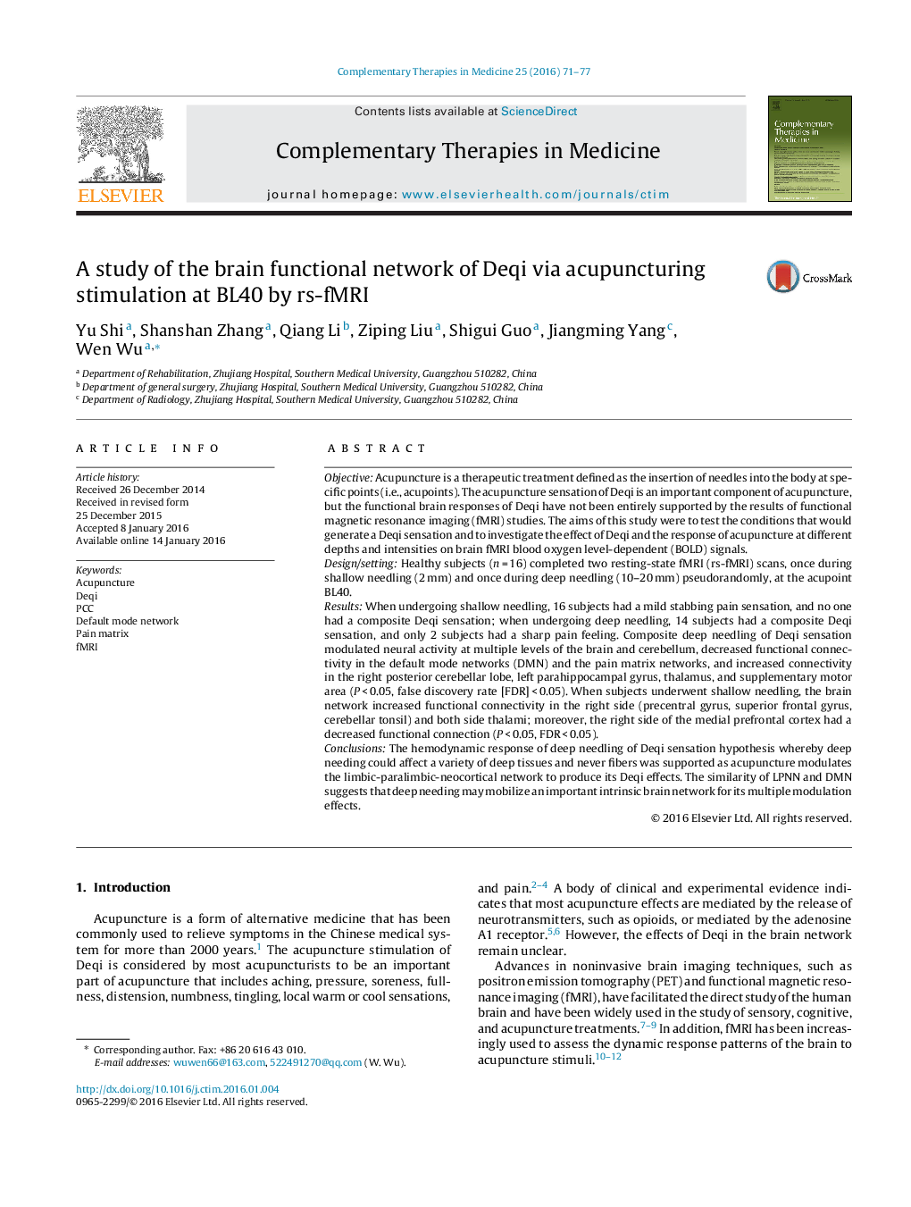 A study of the brain functional network of Deqi via acupuncturing stimulation at BL40 by rs-fMRI