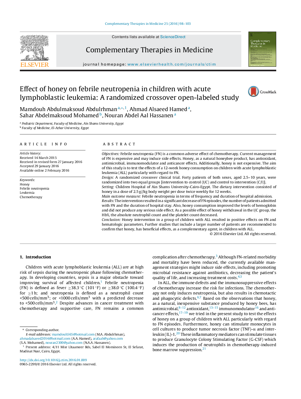 Effect of honey on febrile neutropenia in children with acute lymphoblastic leukemia: A randomized crossover open-labeled study