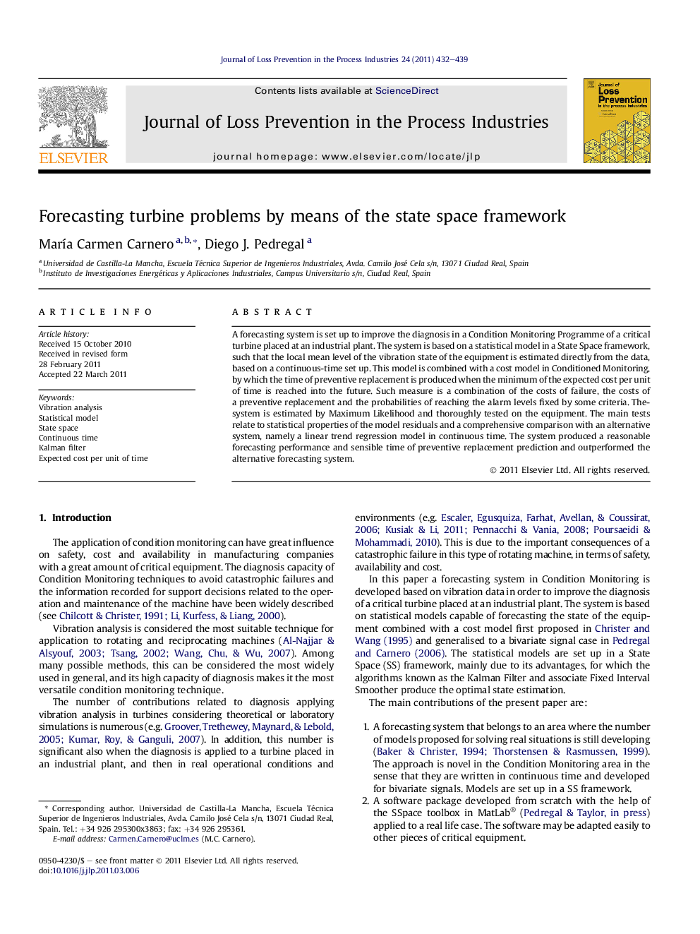 Forecasting turbine problems by means of the state space framework