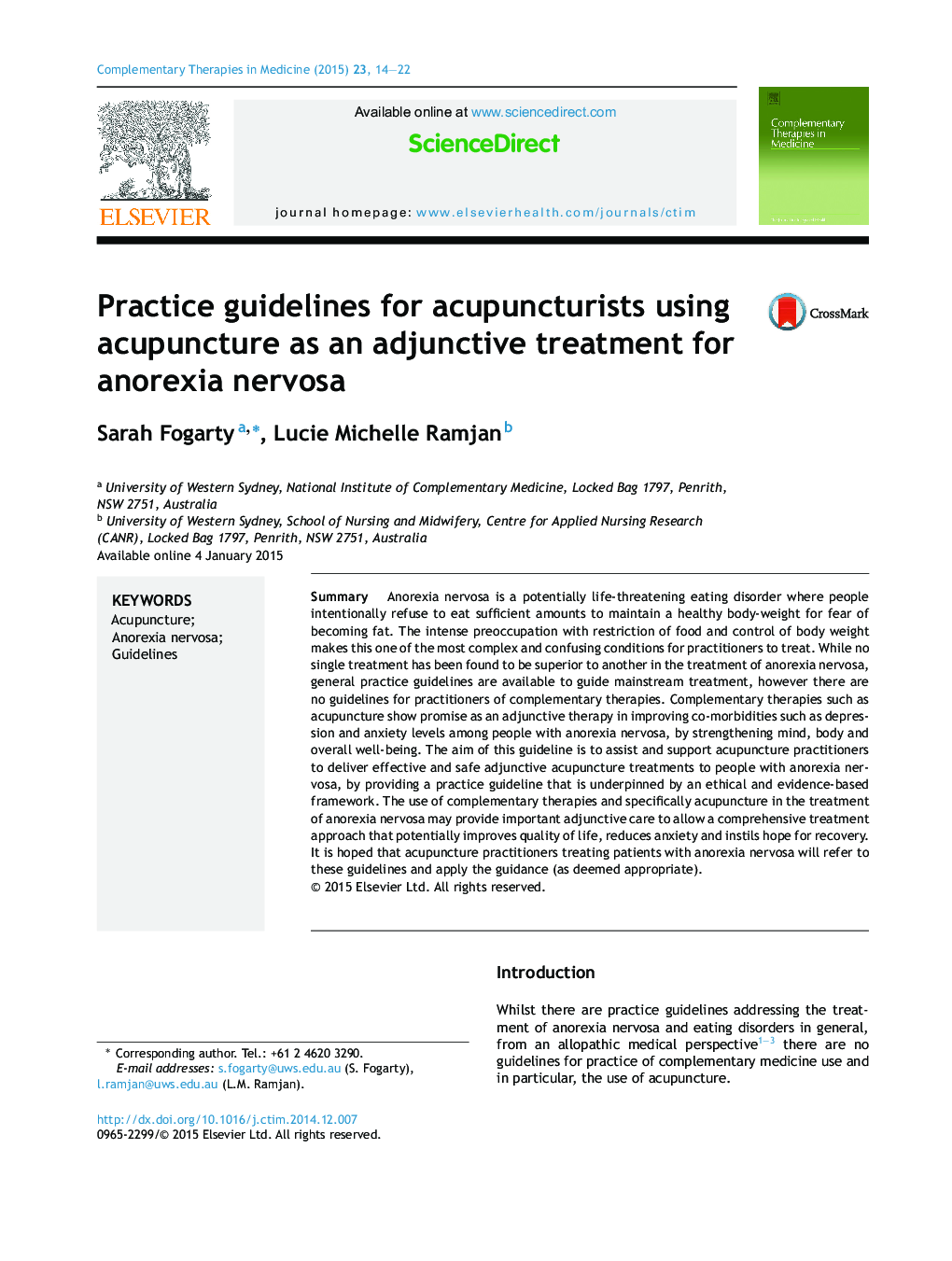 Practice guidelines for acupuncturists using acupuncture as an adjunctive treatment for anorexia nervosa