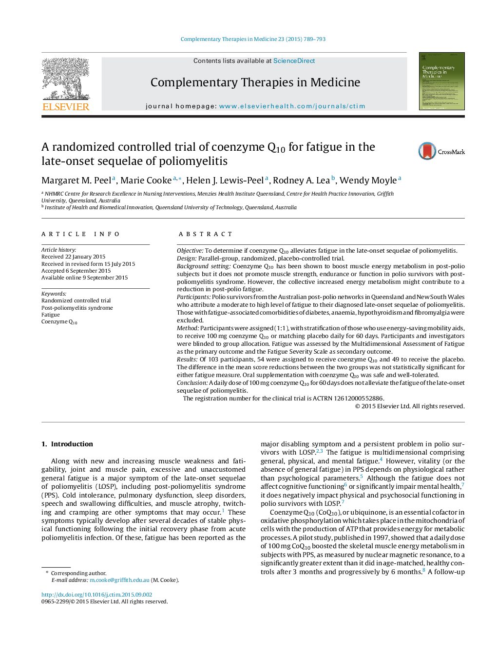 A randomized controlled trial of coenzyme Q10 for fatigue in the late-onset sequelae of poliomyelitis