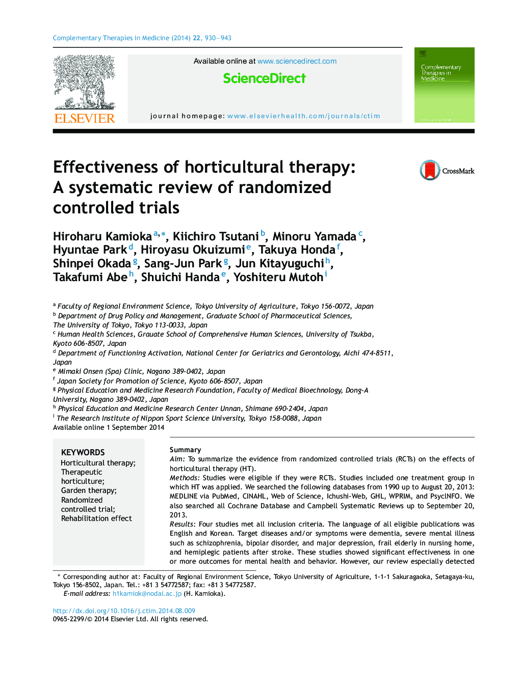 Effectiveness of horticultural therapy: A systematic review of randomized controlled trials