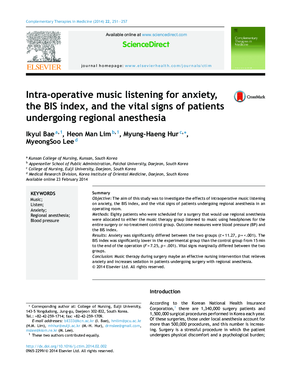 Intra-operative music listening for anxiety, the BIS index, and the vital signs of patients undergoing regional anesthesia