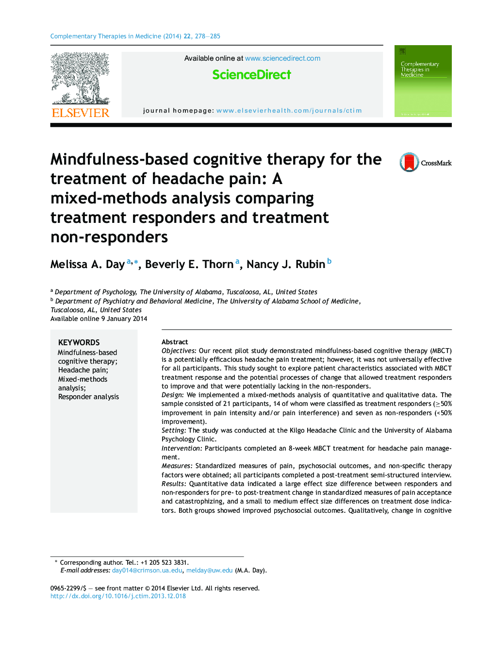 Mindfulness-based cognitive therapy for the treatment of headache pain: A mixed-methods analysis comparing treatment responders and treatment non-responders