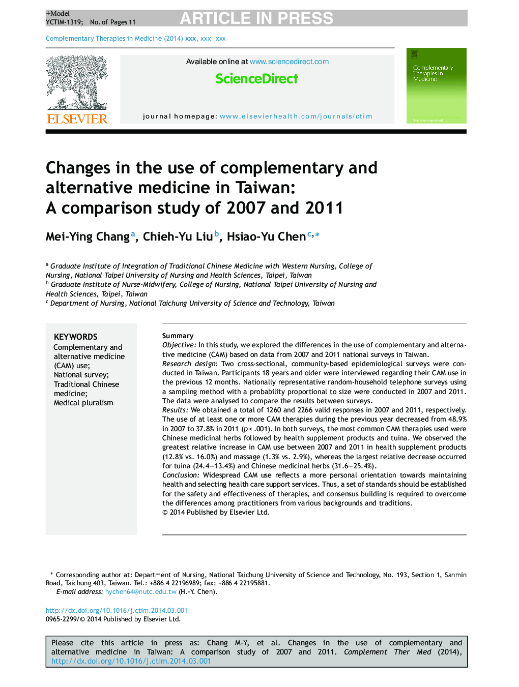 Changes in the use of complementary and alternative medicine in Taiwan: A comparison study of 2007 and 2011