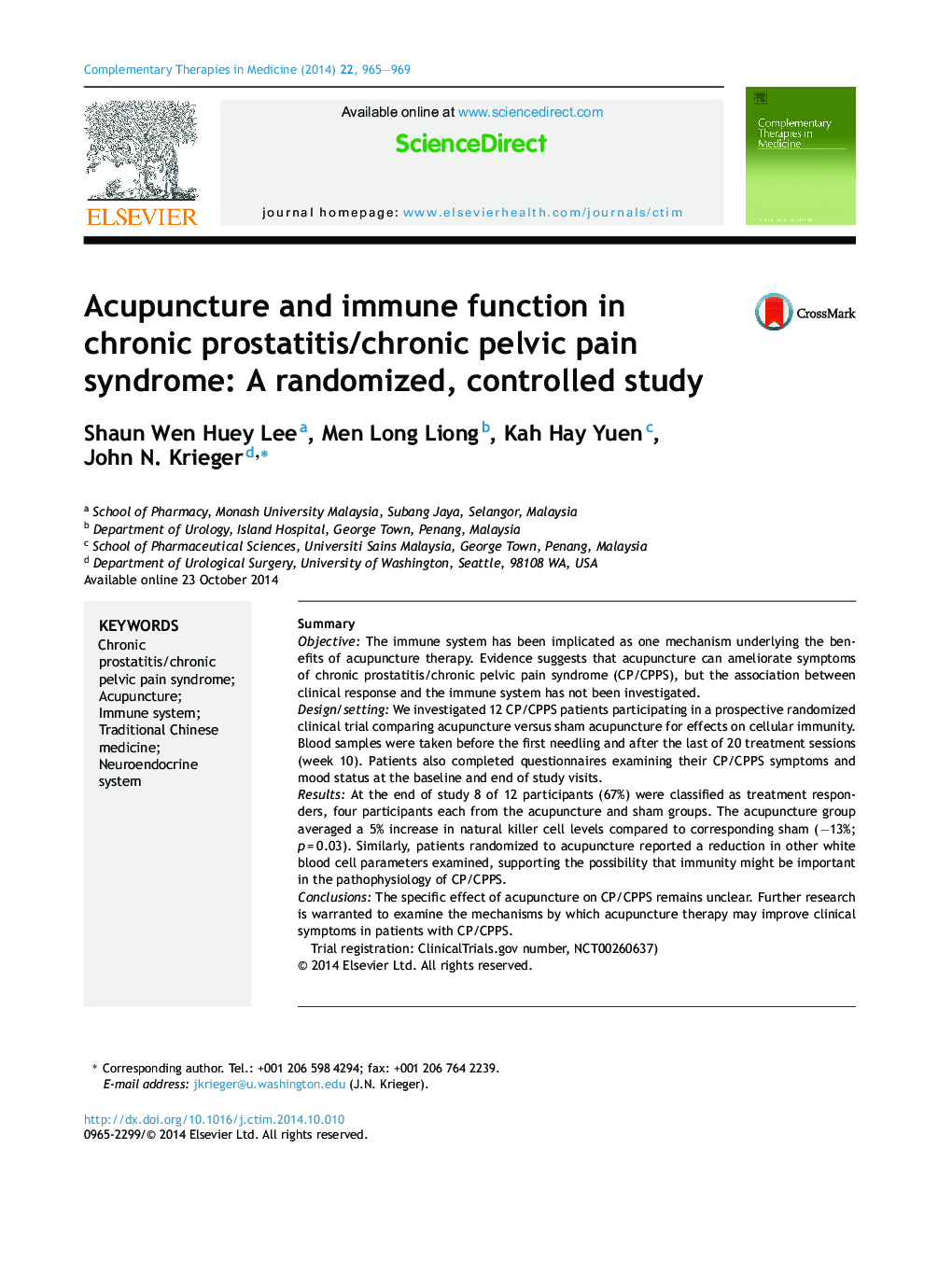 Acupuncture and immune function in chronic prostatitis/chronic pelvic pain syndrome: A randomized, controlled study