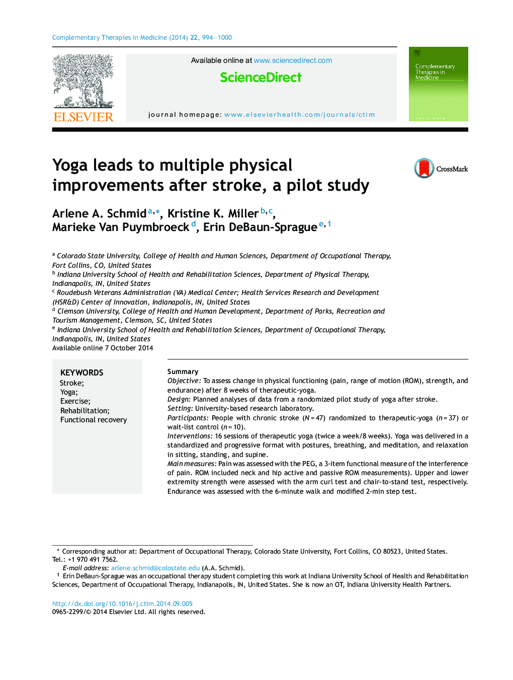 Yoga leads to multiple physical improvements after stroke, a pilot study