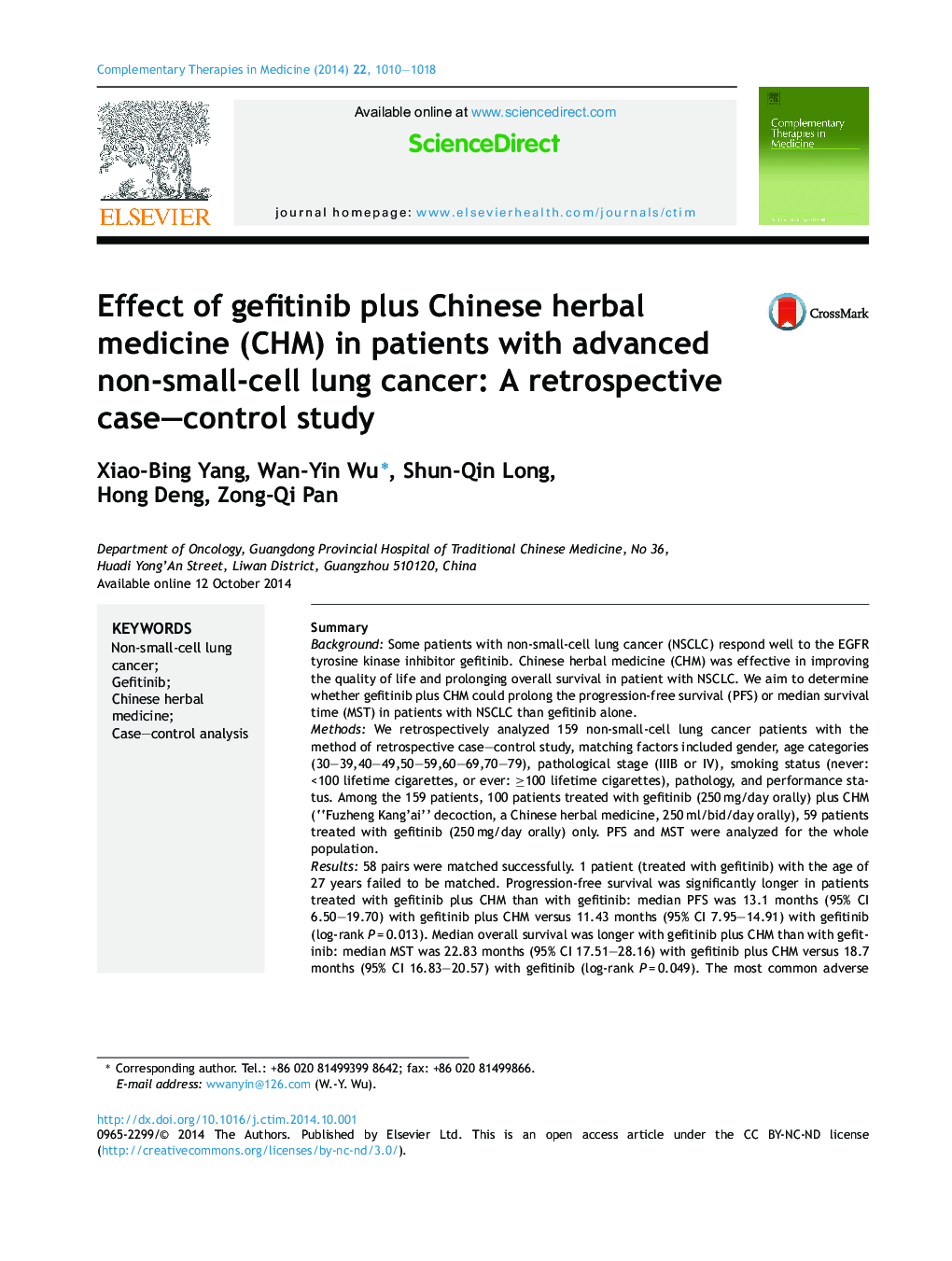 Effect of gefitinib plus Chinese herbal medicine (CHM) in patients with advanced non-small-cell lung cancer: A retrospective case-control study