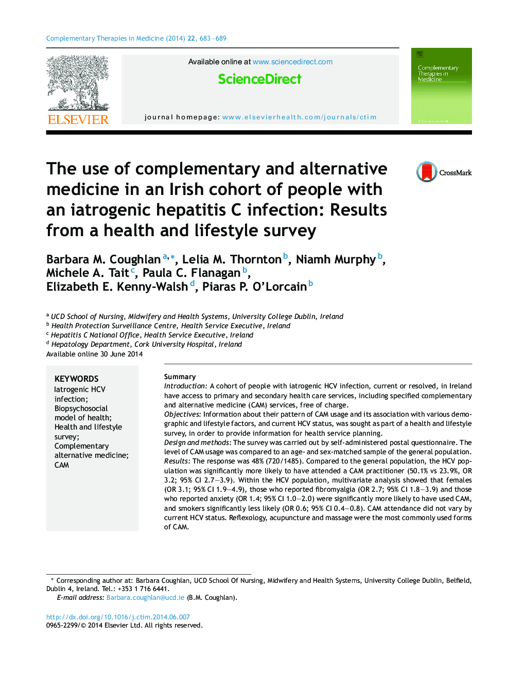 The use of complementary and alternative medicine in an Irish cohort of people with an iatrogenic hepatitis C infection: Results from a health and lifestyle survey