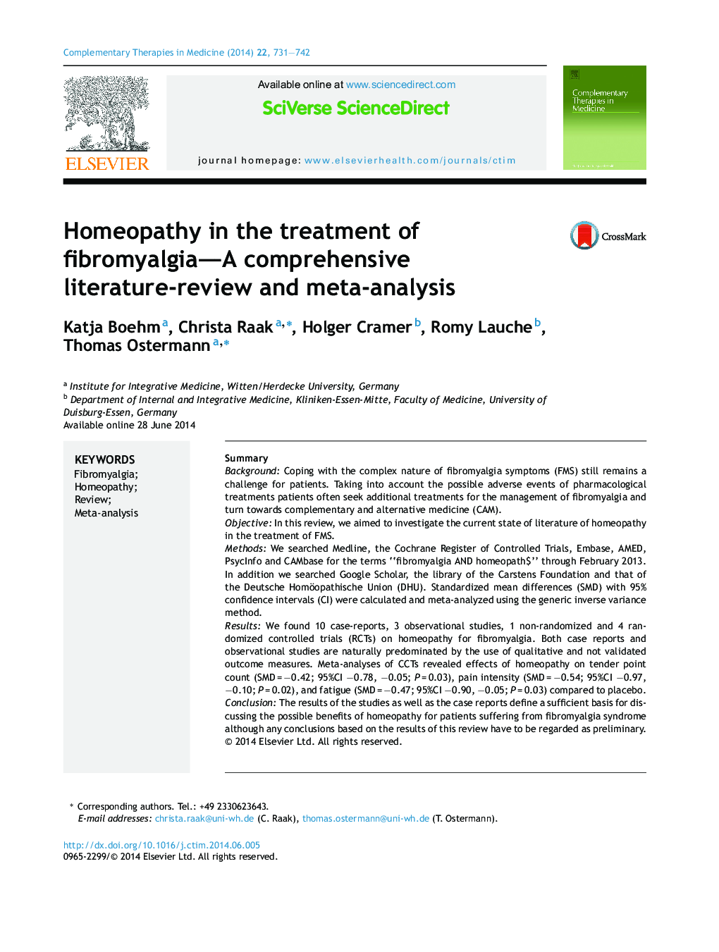 Homeopathy in the treatment of fibromyalgia-A comprehensive literature-review and meta-analysis