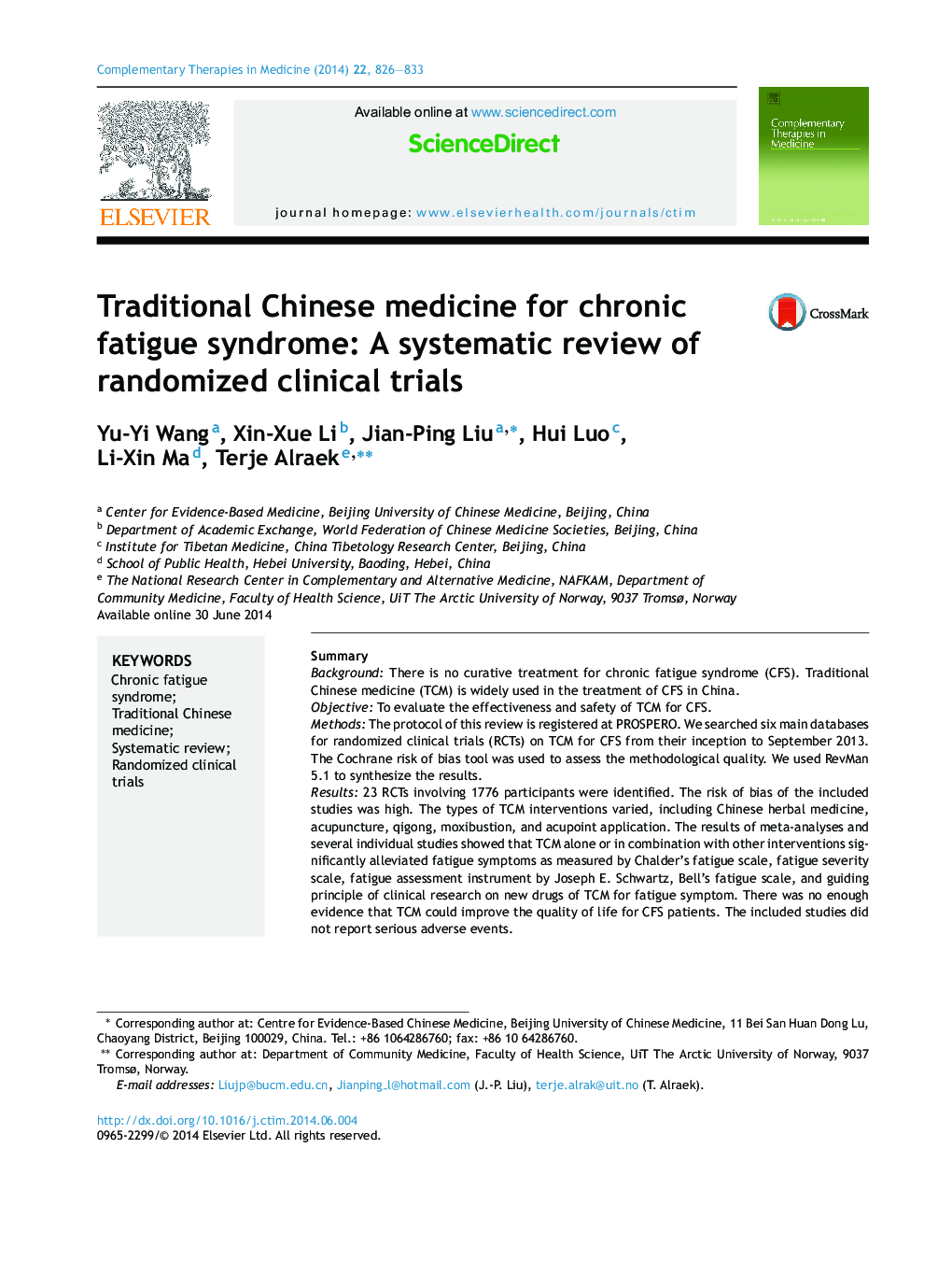 Traditional Chinese medicine for chronic fatigue syndrome: A systematic review of randomized clinical trials