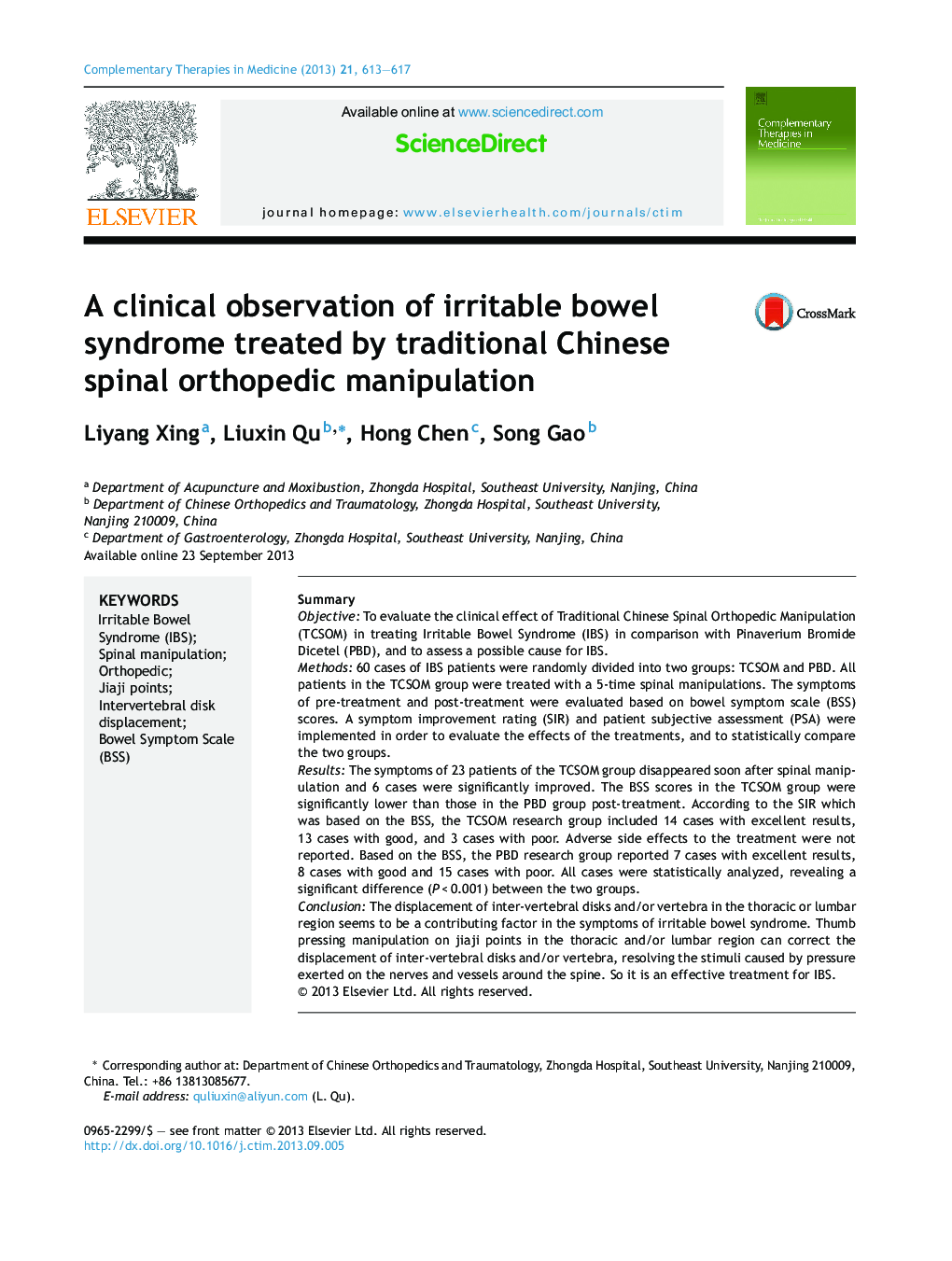A clinical observation of irritable bowel syndrome treated by traditional Chinese spinal orthopedic manipulation