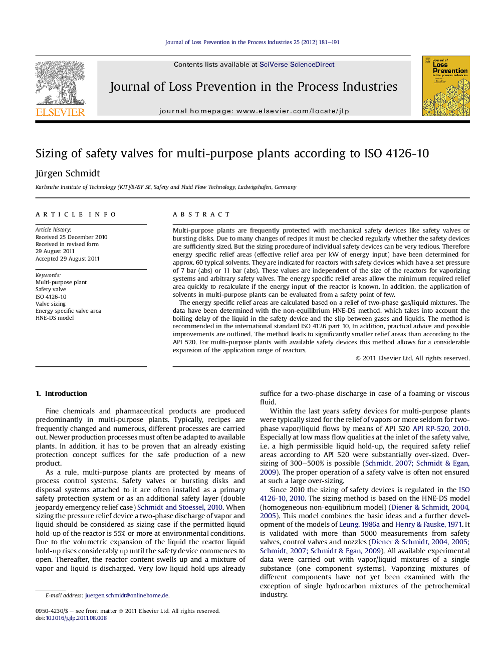 Sizing of safety valves for multi-purpose plants according to ISO 4126-10