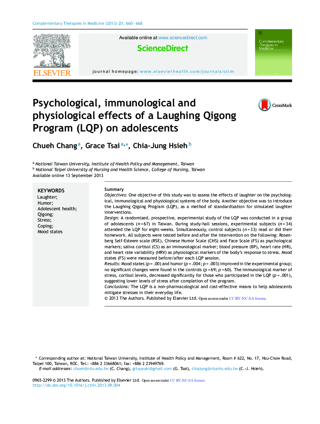 Psychological, immunological and physiological effects of a Laughing Qigong Program (LQP) on adolescents