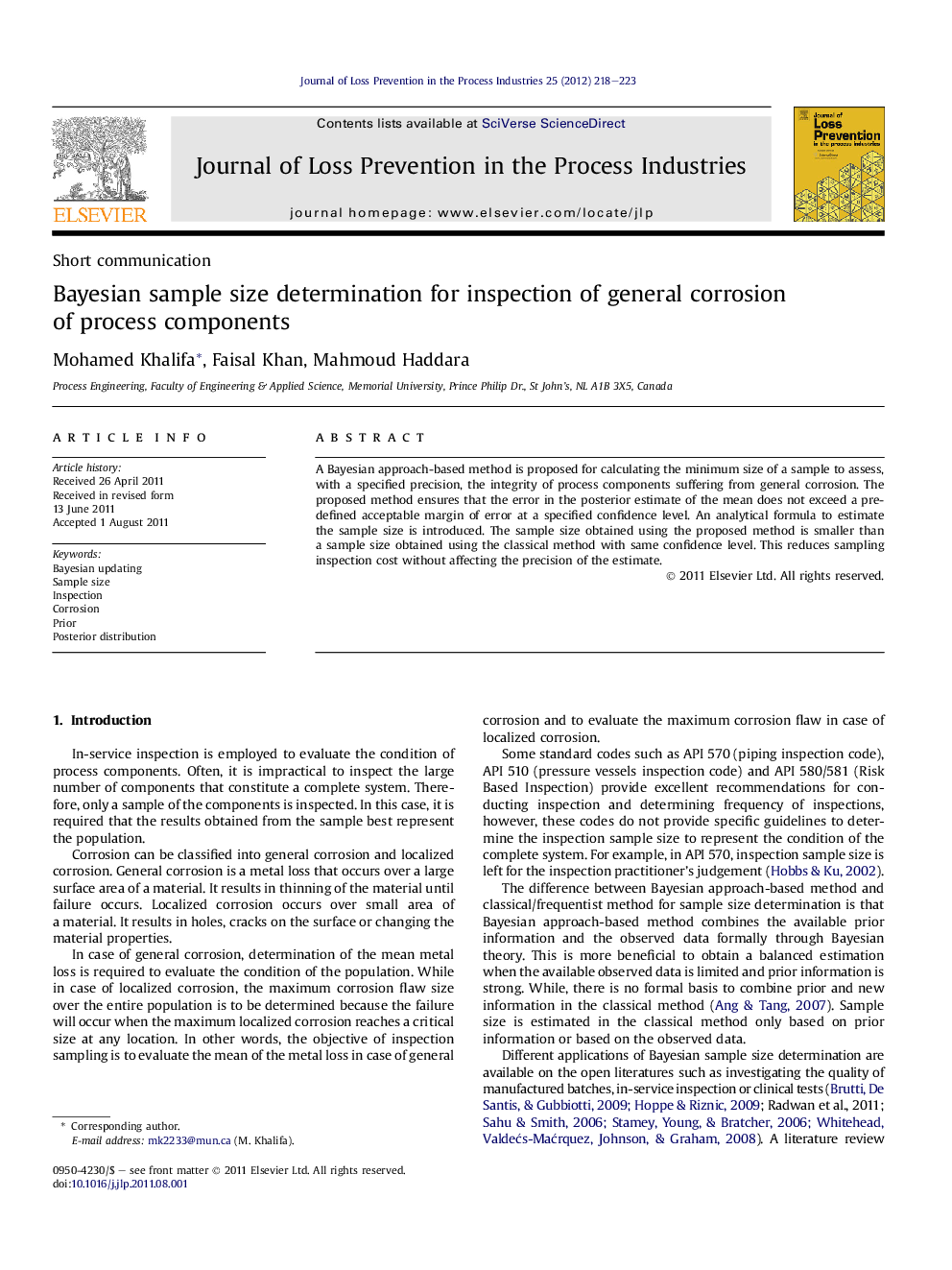 Bayesian sample size determination for inspection of general corrosion of process components