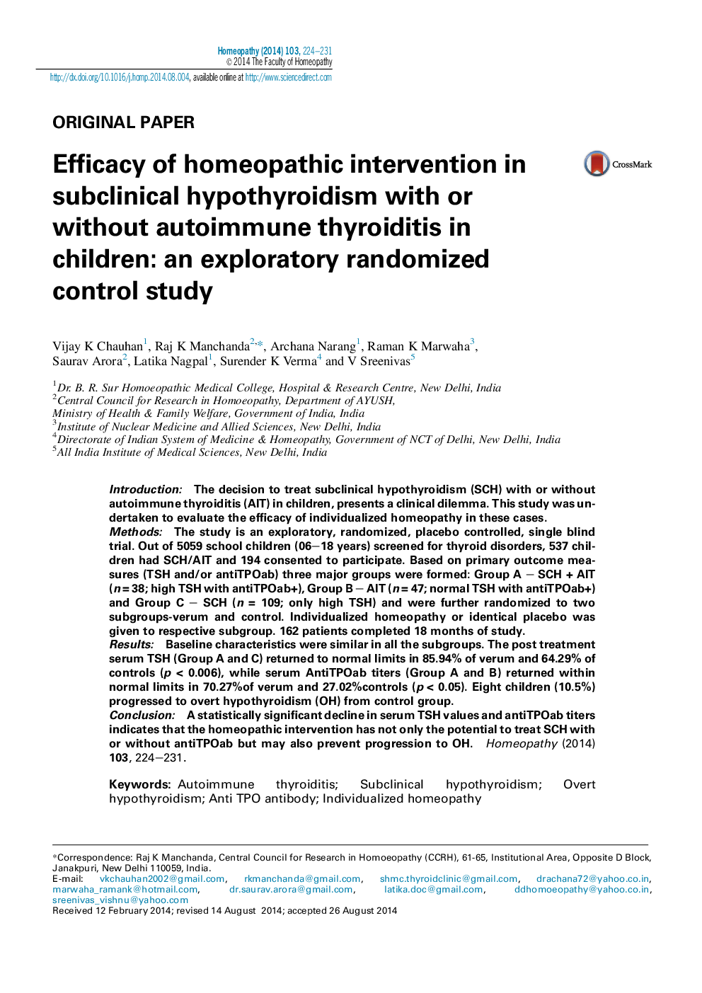 Efficacy of homeopathic intervention in subclinical hypothyroidism with or without autoimmune thyroiditis in children: an exploratory randomized control study