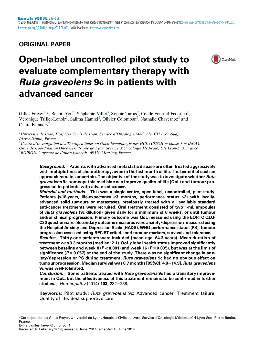 Original paperOpen-label uncontrolled pilot study to evaluate complementary therapy with Ruta graveolens 9c in patients with advanced cancer