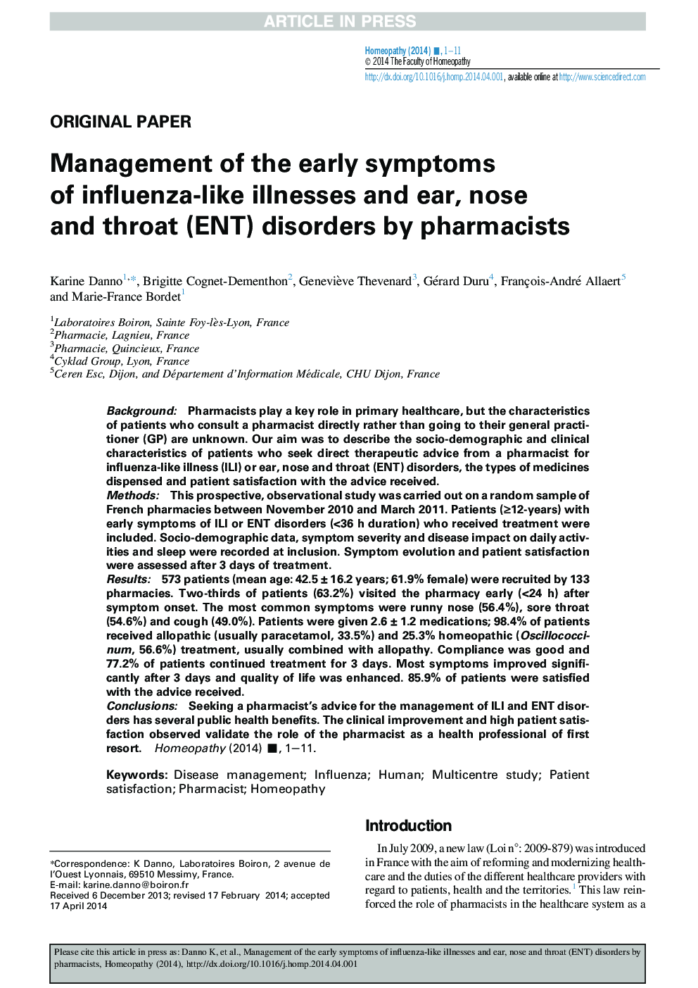 Management of the early symptoms of influenza-like illnesses and ear, nose and throat (ENT) disorders by pharmacists