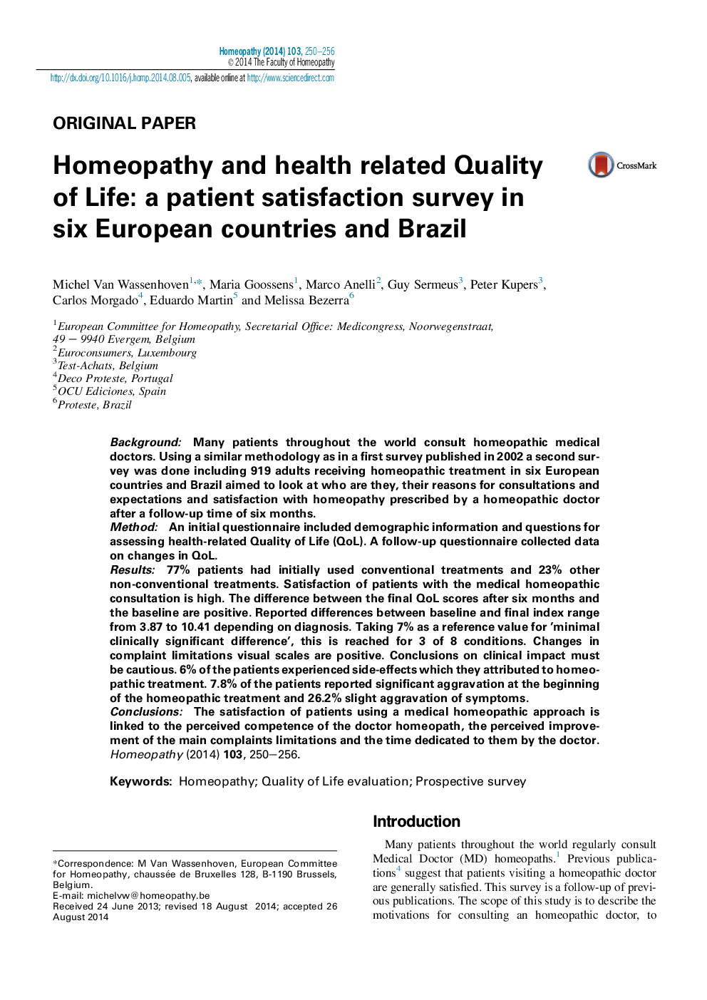 Homeopathy and health related Quality of Life: a patient satisfaction survey in six European countries and Brazil