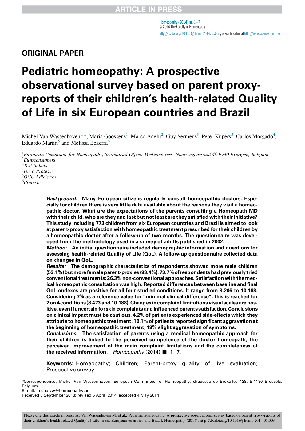 Pediatric homeopathy: A prospective observational survey based on parent proxy-reports of their children's health-related Quality of Life in six European countries and Brazil