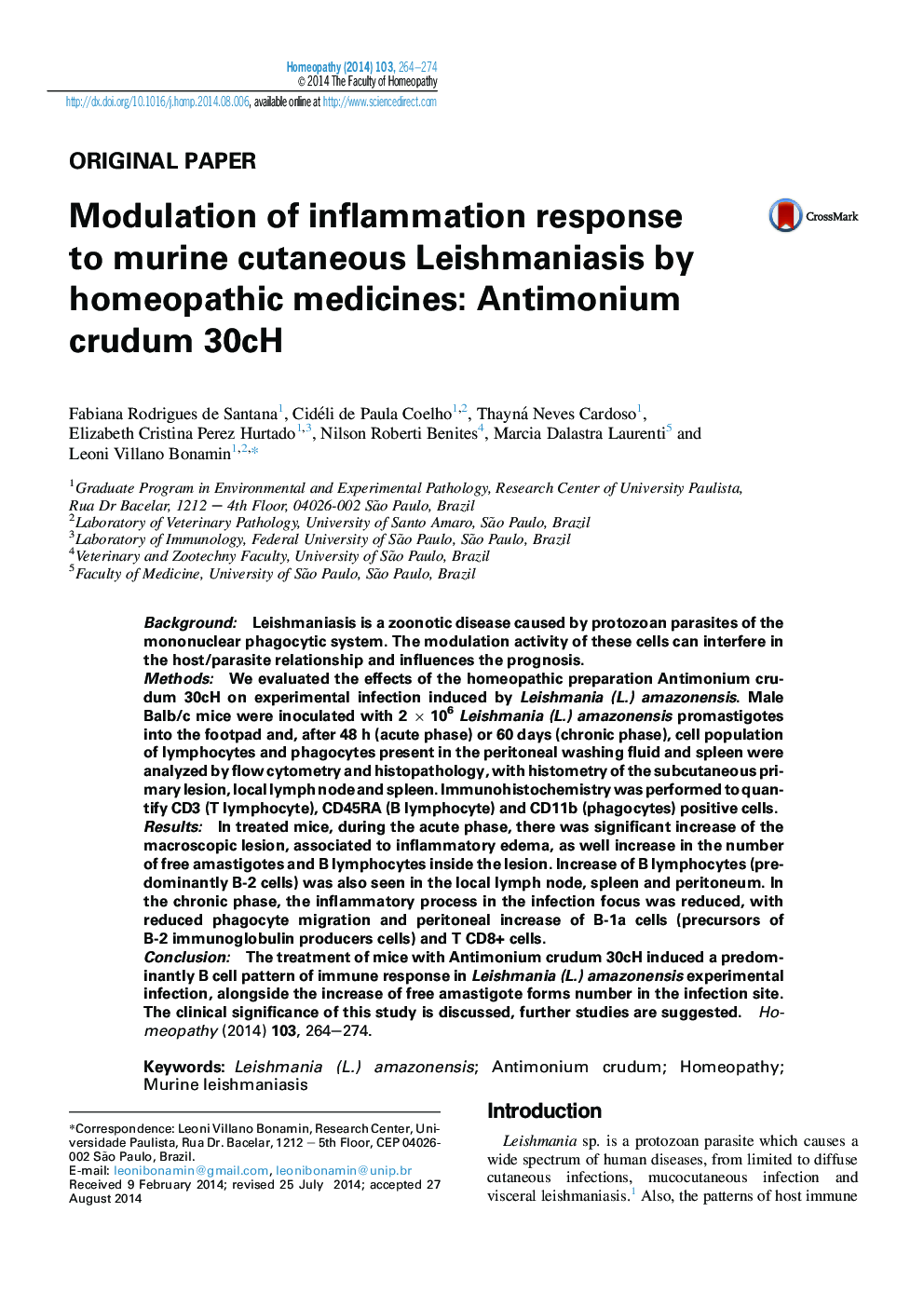 Modulation of inflammation response to murine cutaneous Leishmaniasis by homeopathic medicines: Antimonium crudum 30cH