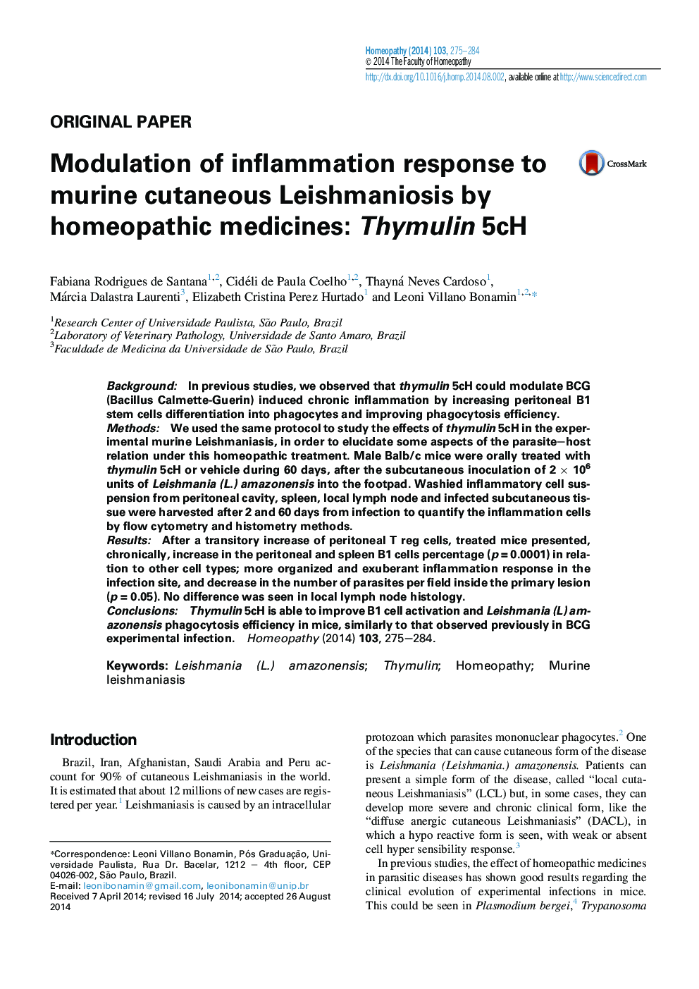 Original paperModulation of inflammation response to murine cutaneous Leishmaniosis by homeopathic medicines: Thymulin 5cH