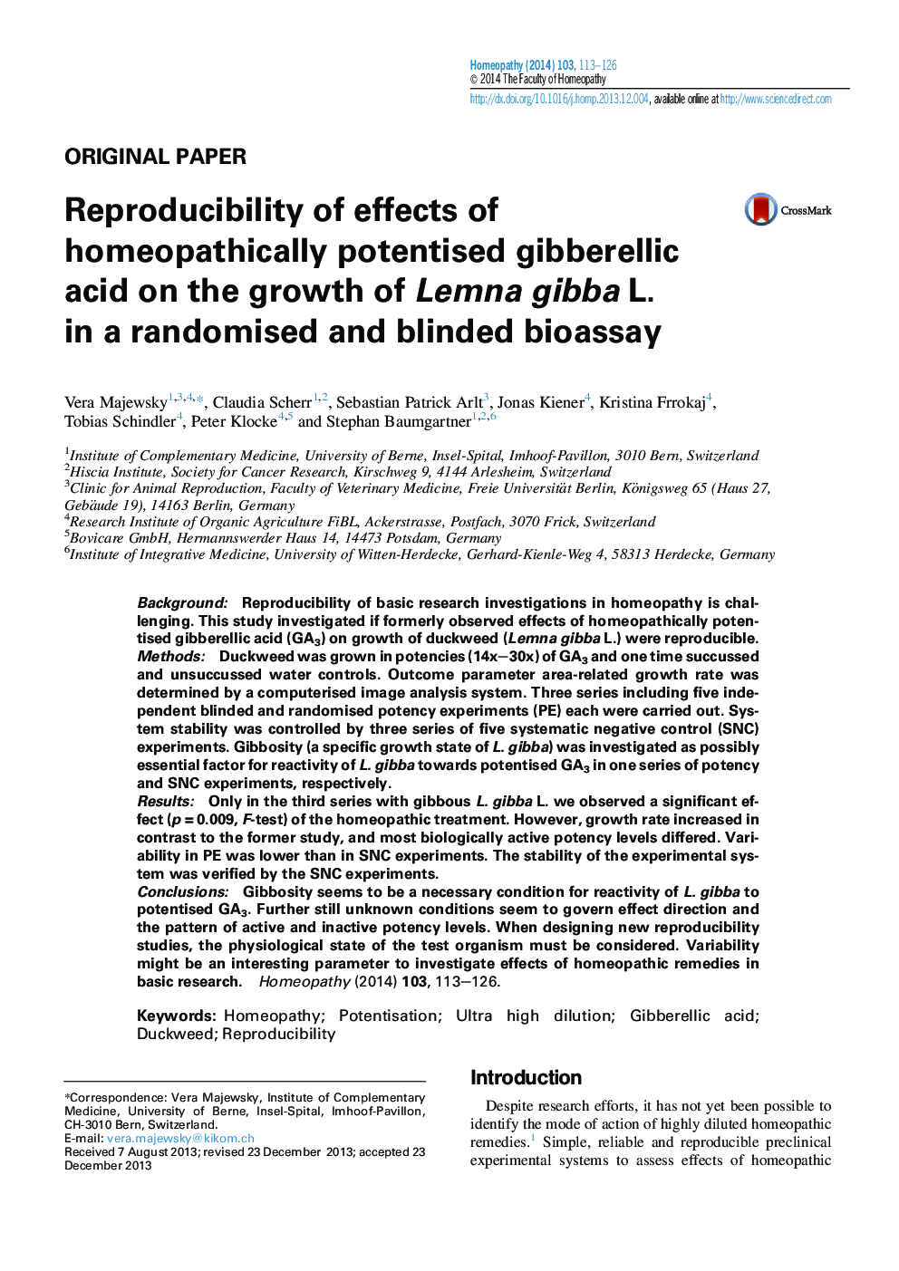 Reproducibility of effects of homeopathically potentised gibberellic acid on the growth of Lemna gibba L. in a randomised and blinded bioassay