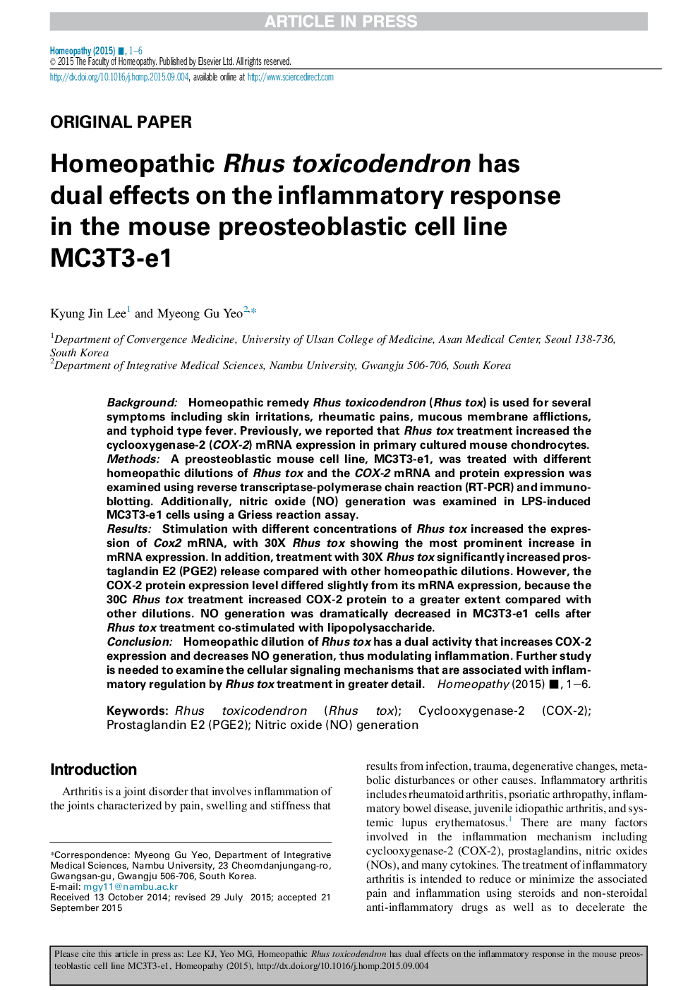 Homeopathic Rhus toxicodendron has dual effects on the inflammatory response in the mouse preosteoblastic cell line MC3T3-e1