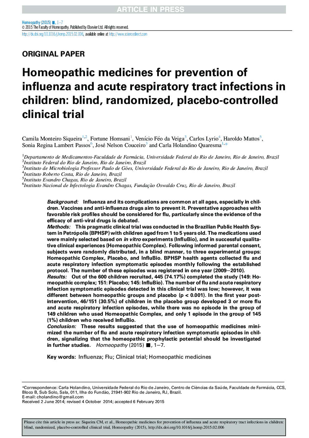 Homeopathic medicines for prevention of influenza and acute respiratory tract infections in children: blind, randomized, placebo-controlled clinical trial